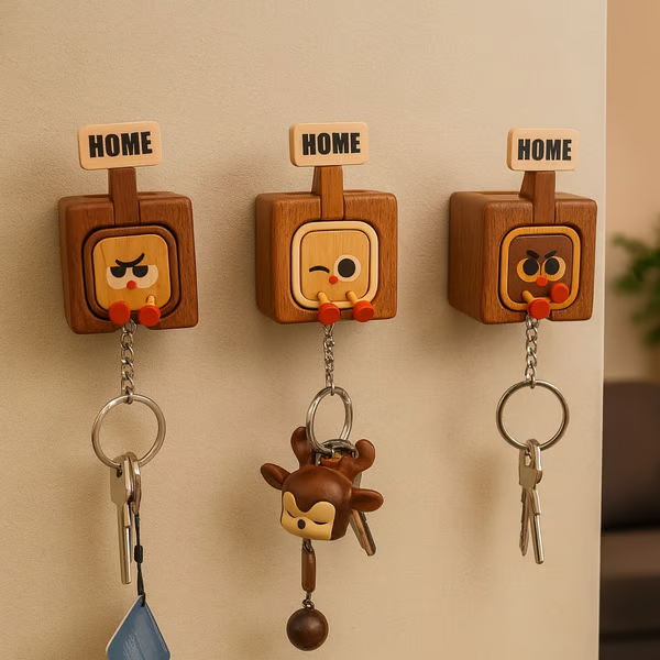🔥Hot Selling：Creative Wooden Key Hooks with Funny Facial Expressions - Functional & Stylish Key